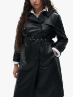 Womens Black Leather Double Breasted Belted Trench Coat