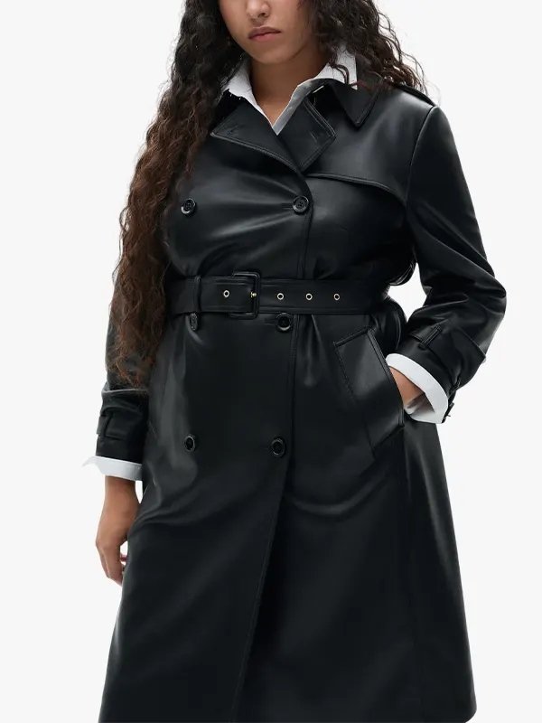 Womens Black Leather Double Breasted Belted Trench Coat Womens Black Leather Double Breasted Belted Trench Coat