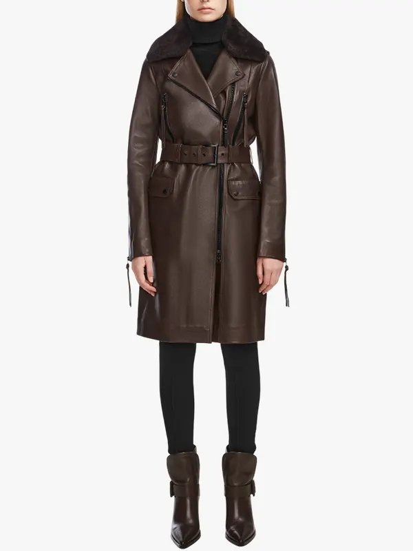 Women's Brown Leather Trench Coat