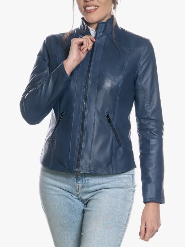 Women’s Cafe Racer Blue Leather Jacket Women’s Cafe Racer Blue Leather Jacket