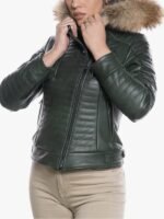 Womens Green Down Shearling Hooded Jacket