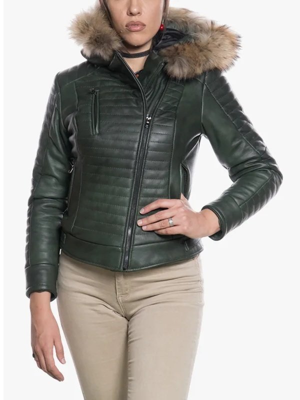 Womens Green Shearling Hooded Jacket Womens Green Shearling Hooded Jacket