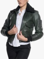 Women's Pilot Shearling Collar Green Leather Jacket