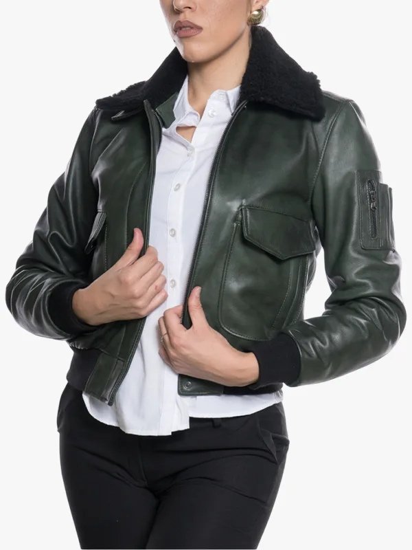 Women's Pilot Shearling Collar Green Leather Jacket Women's Pilot Shearling Collar Green Leather Jacket