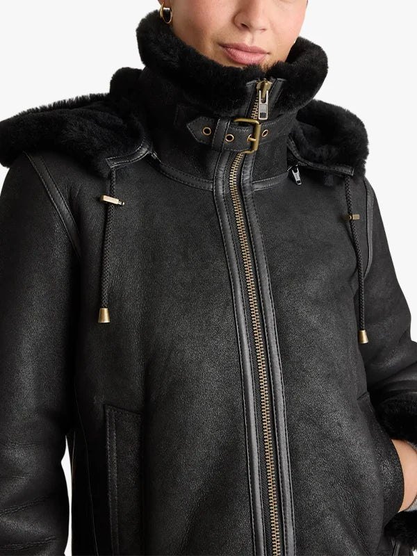 Black Shearling Hooded Jacket Womens Black Shearling Hooded Jacket Womens