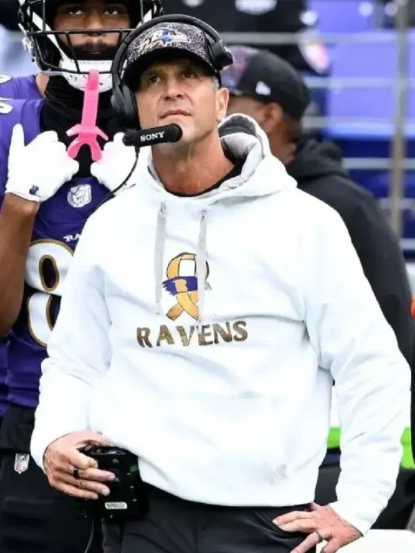 John Harbaugh Baltimore Ravens White Pullover Hoodie