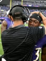 John Harbaugh NFL Preseason 2025 Black Polo Stripe Shirt