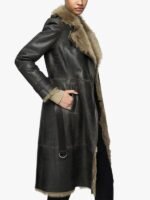 Women's Belted Shearling Leather Trench Black Coat