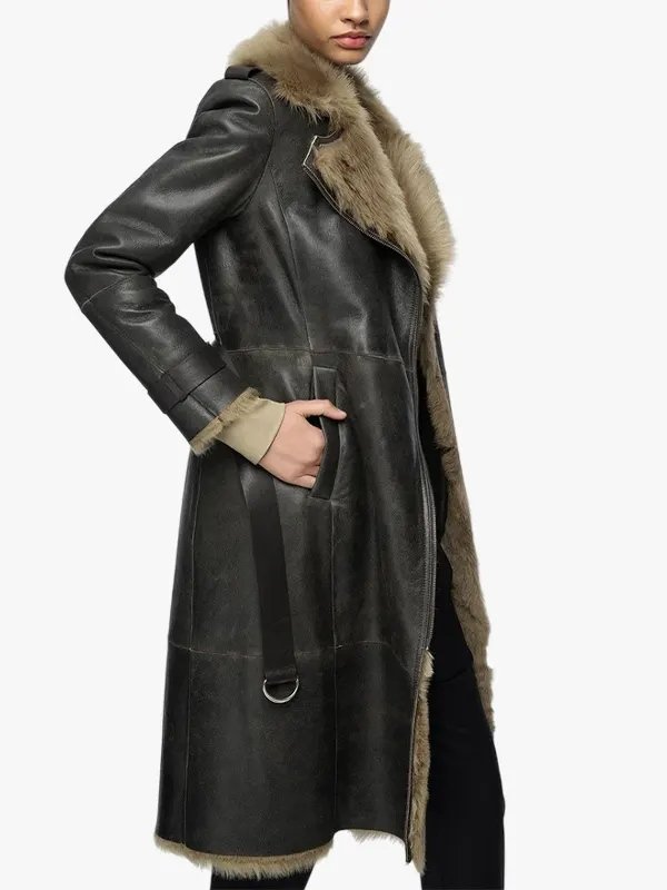 Women's Belted Shearling Leather Trench Black Coat Women's Belted Shearling Leather Trench Black Coat
