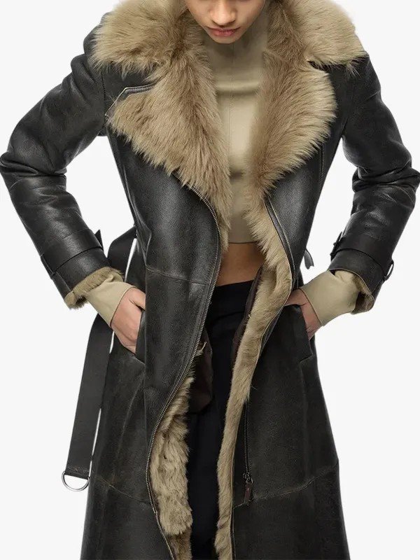 Women's Belted Shearling Leather Trench Coat Black Women's Belted Shearling Leather Trench Coat Black