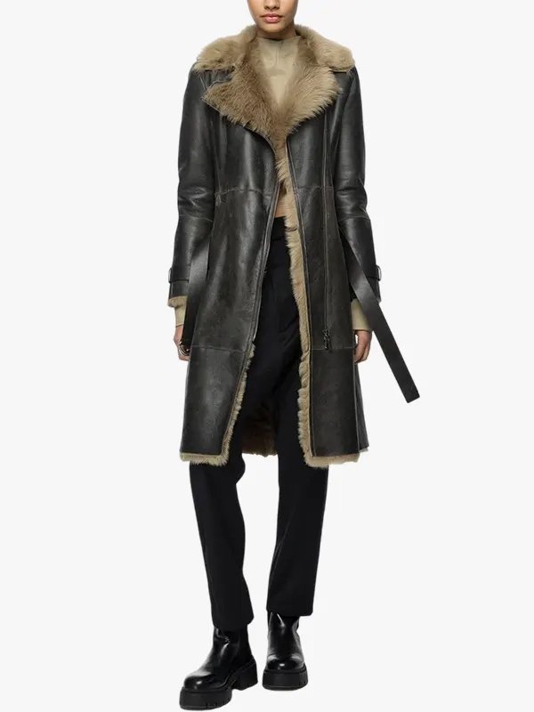 Women's Belted Shearling Leather Trench Coat Women's Belted Shearling Leather Trench Coat