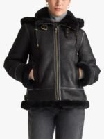 Womens Black Shearling Hooded Jacket