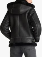 Womens Black Shearling Hooded With Belted Collar Jacket