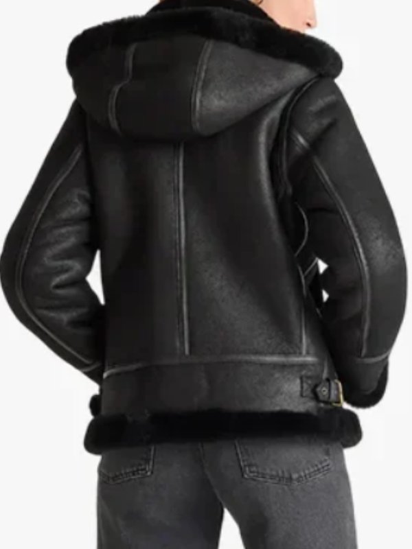 Womens Black Shearling Hooded With Belted Collar Jacket Womens Black Shearling Hooded With Belted Collar Jacket