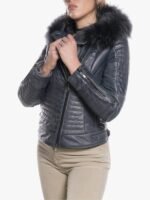 Womens Blue Hooded Shearling Jacket
