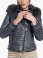 Womens Blue Shearling Hooded Jacket