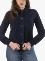 Womens Blue Suede Bomber Jacket