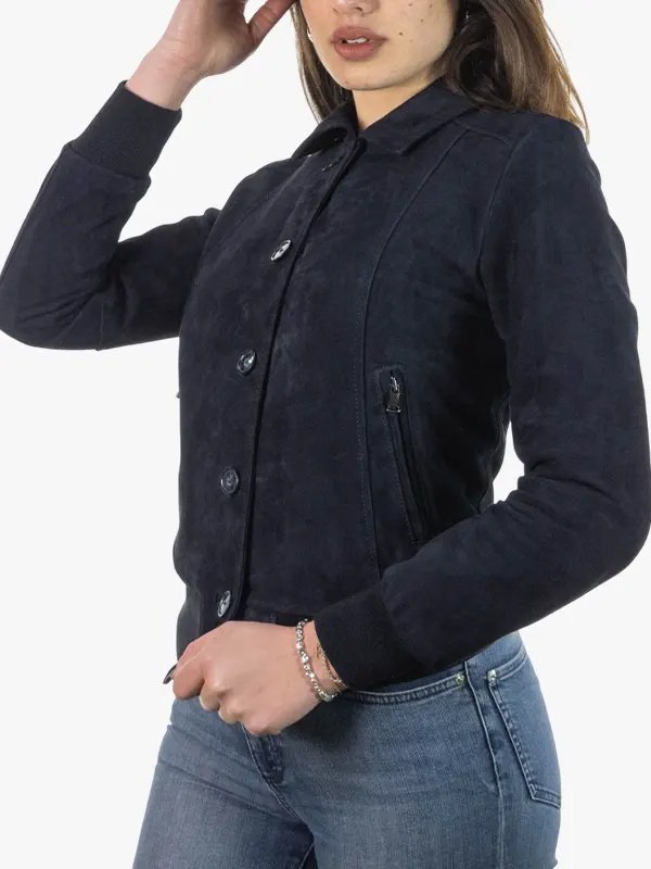 Womens Blue Suede Leather Bomber Jacket Womens Blue Suede Leather Bomber Jacket