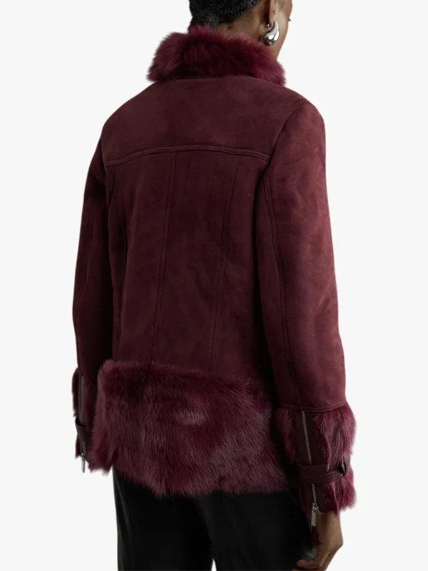 Womens Burgandy Suede Leather Shearling Buckle Collar Coat Jacket