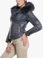 Womens Downs Blue Shearling Hooded Jacket