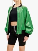 Womens Oversized Green Leather Bomber Jacket