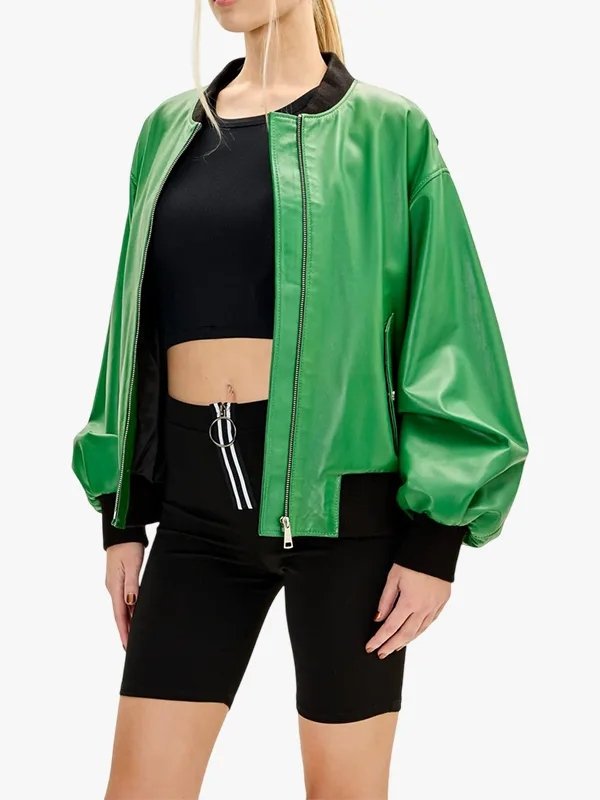 Womens Oversized Green Leather Bomber Jacket Womens Oversized Green Leather Bomber Jacket