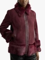 Womens Shearling Buckle Collar Coat in Burgandy