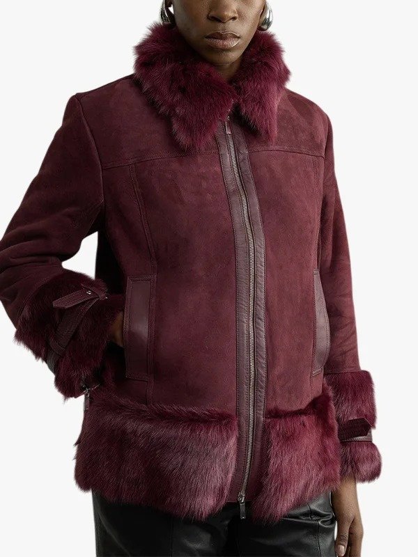 Womens Shearling Buckle Collar Coat in Burgandy
