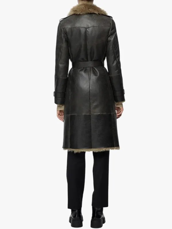 Women's Shearling Leather Trench Belted Coat In Black Women's Shearling Leather Trench Belted Coat In Black