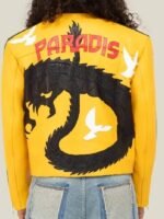 Dua Lipa Buenos Aires Black Dragon Print Yellow Leather Jacket
