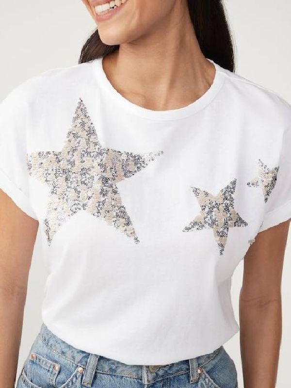 Frauds Elizabeth Berrington Silver Star Embellished White Tee