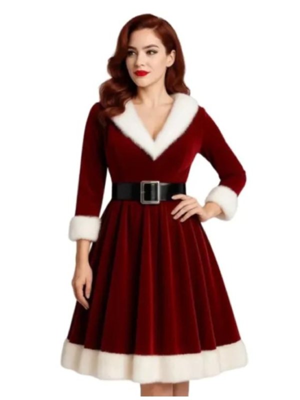 Mrs. Claus Velvet Christmas Dress-Red