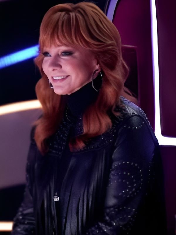 The Voice S28 Reba McEntire Black Embellished Fringed Leather Jacket