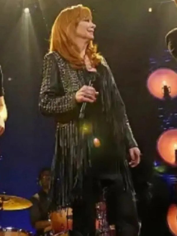The Voice S28 Reba McEntire Black Fringed Silver Studded Leather Jacket