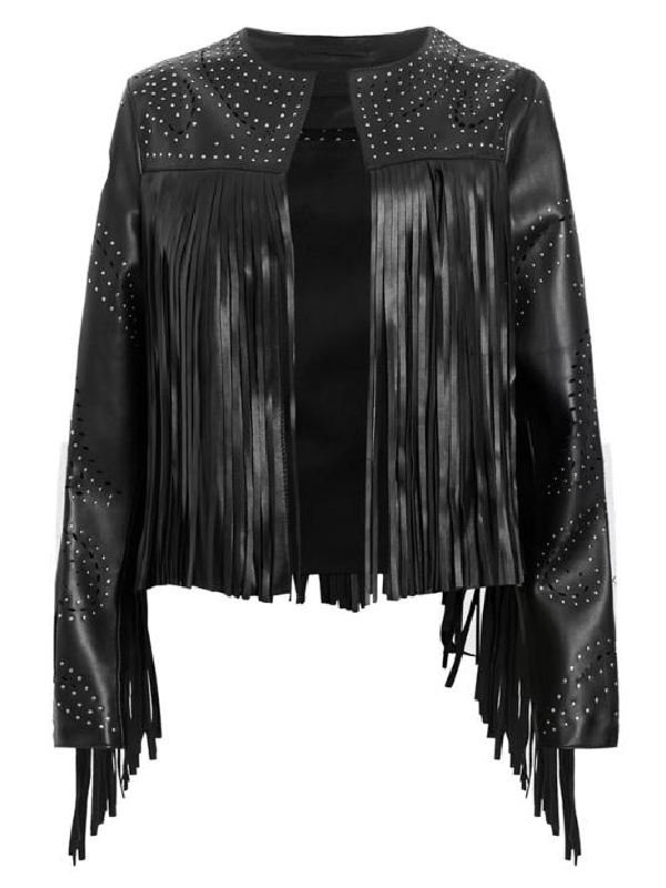 The Voice Season28 Reba McEntire Black Embellished Fringed Leather Jacket