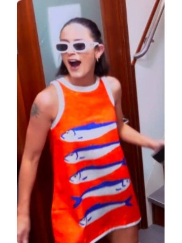 Below Deck Mediterranean S10 Aesha Scott Orange Fish Printed Dress