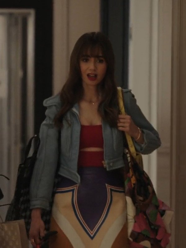 Emily Cooper Emily In Paris Season 03 Lily Collins Blue Cropped Leather Jacket