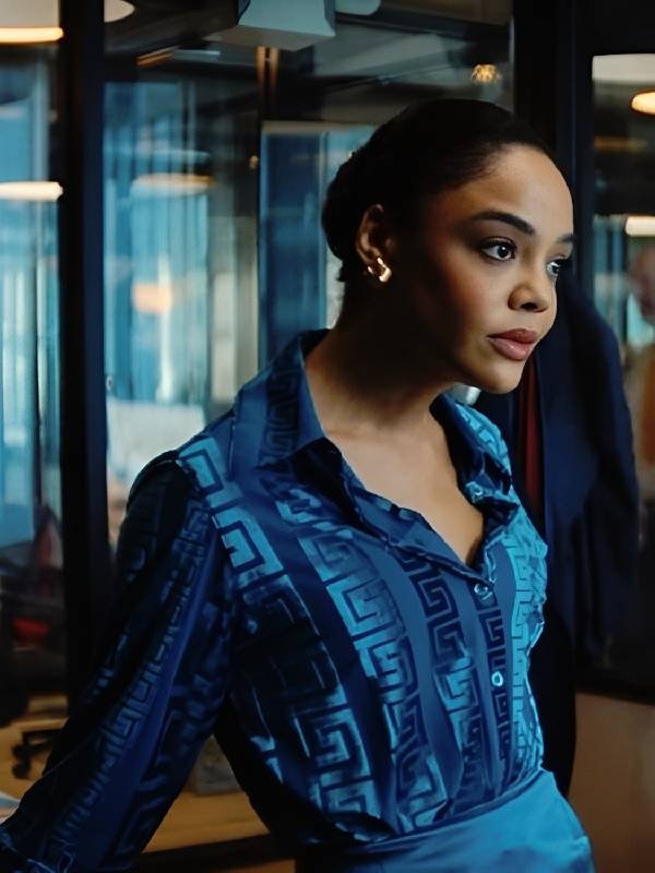 His and Hers 2026 Tessa Thompson Blue Blouse