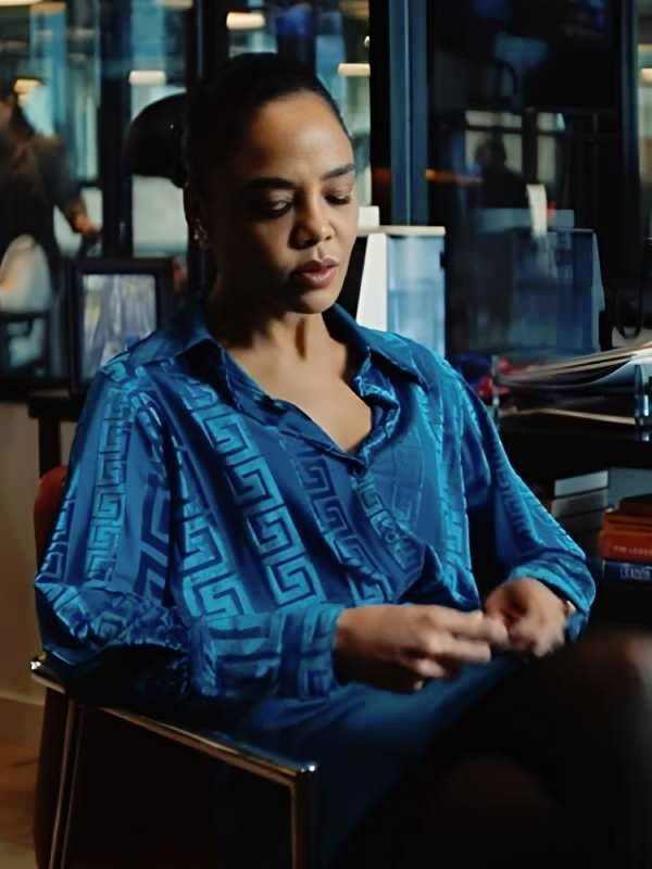 His and Hers 2026 Tessa Thompson Blue Silk Blouse