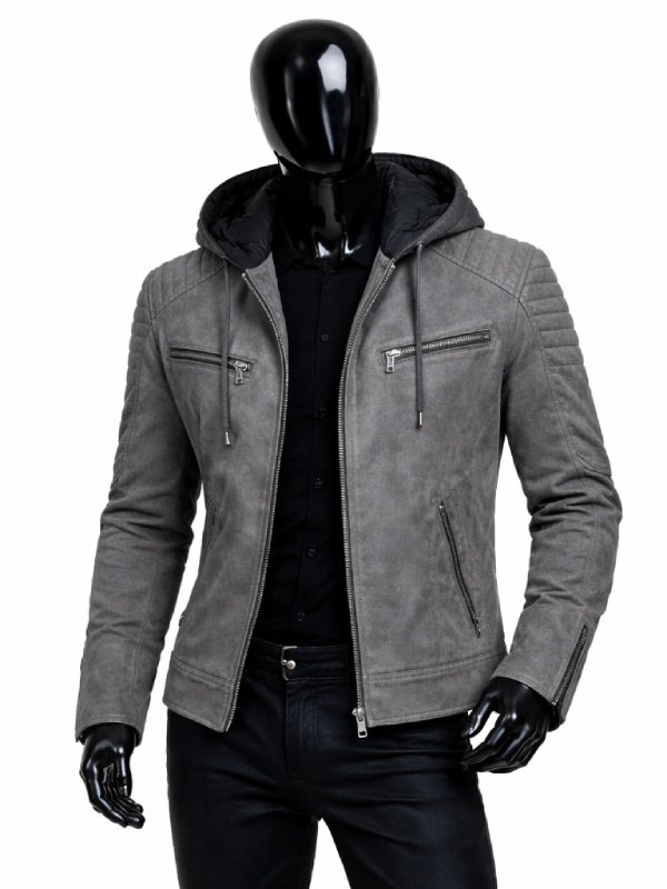 Mens Grey Suede Leather Hooded Jacket