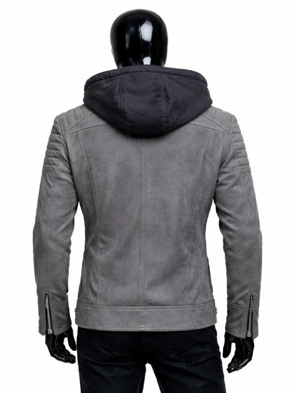 Mens Grey Suede Leather Jacket with Hood