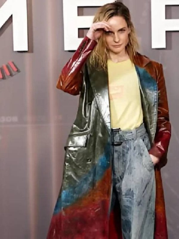 Rebecca Ferguson Mercy London Photocall Leather Coat Multicolor