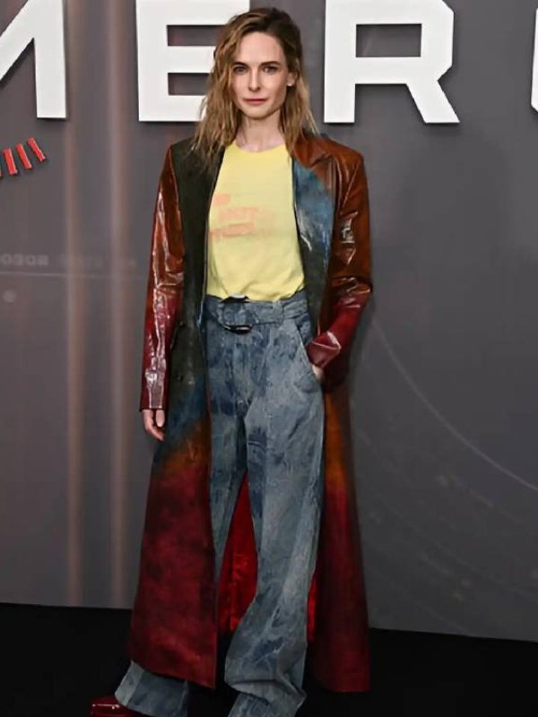 Rebecca Ferguson Mercy London Photocall Leather Coat