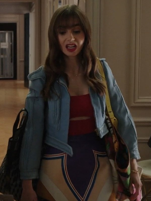 S03 Emily In Paris Lily Collins Blue Cropped Leather Jacket
