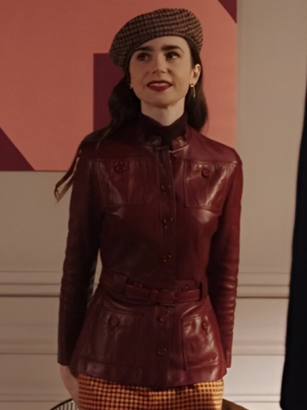 S04 Emily in Paris Lily Collins Leather Jacket Red