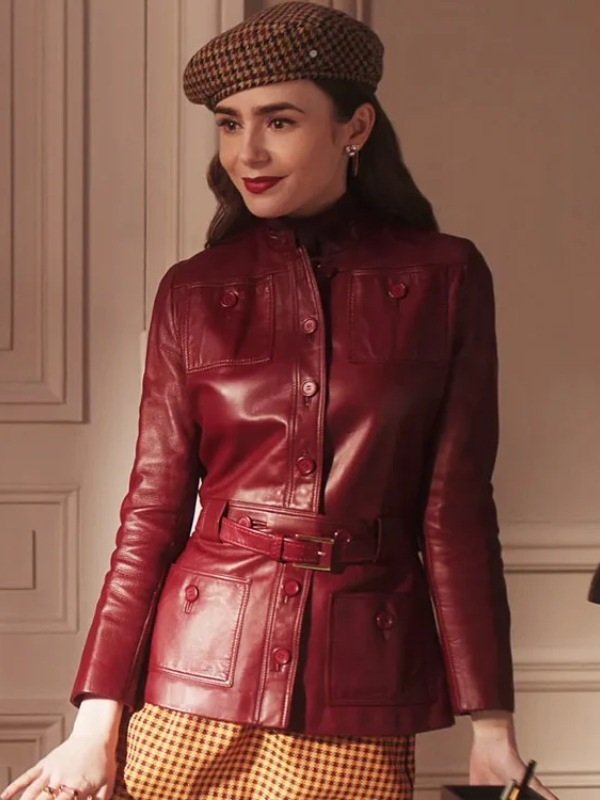 S04 Emily in Paris Lily Collins Red Leather Jacket
