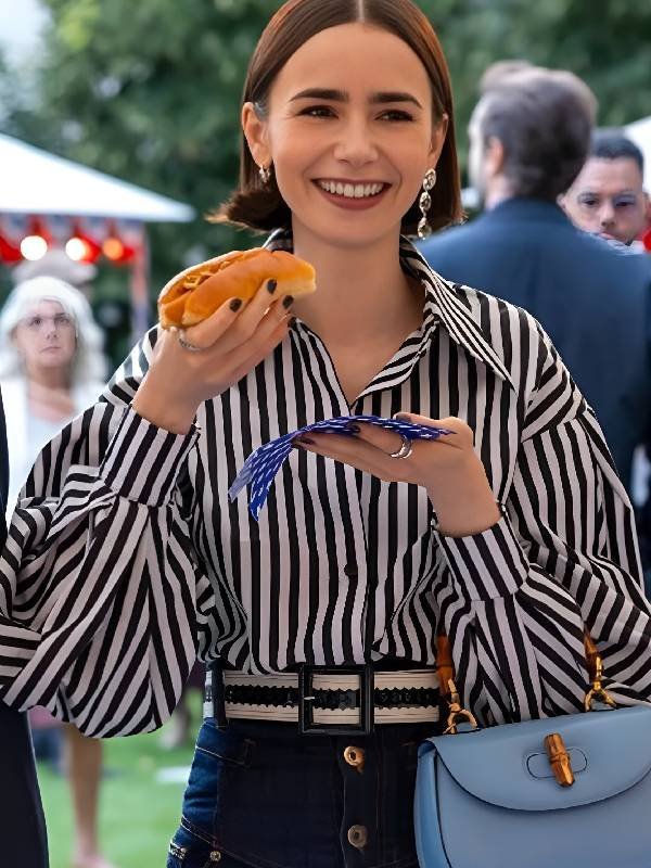 S05 Emily In Paris Lily Collins Striped Puff Sleeve Shirt