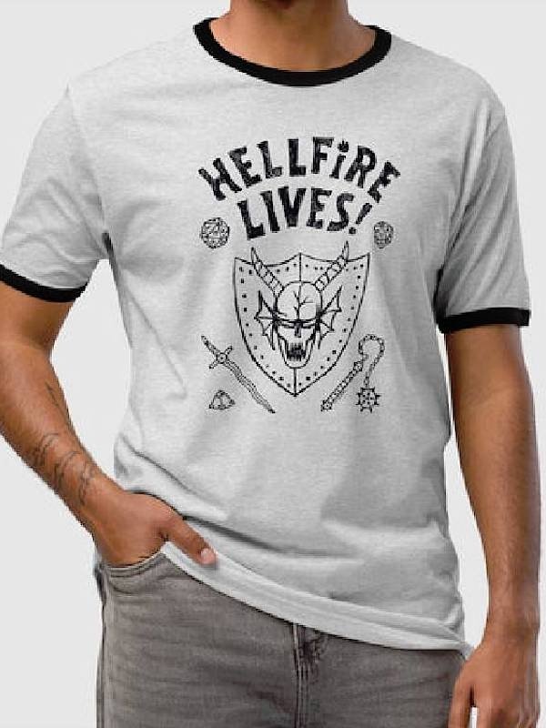 TV Series Stranger Things Season 5 Dustin Hellfire Lives Print T-Shirt in Grey