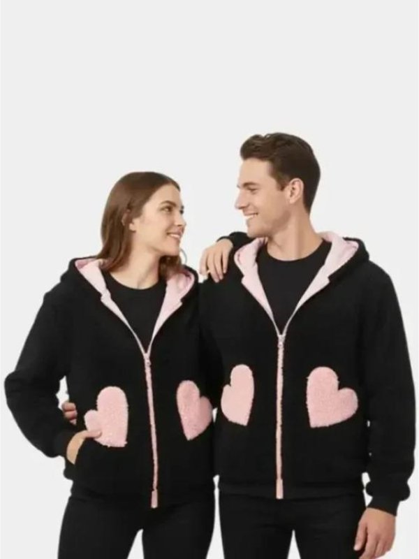 Valentine Day Couples Matching Pink Hearts Zipper Hoodie