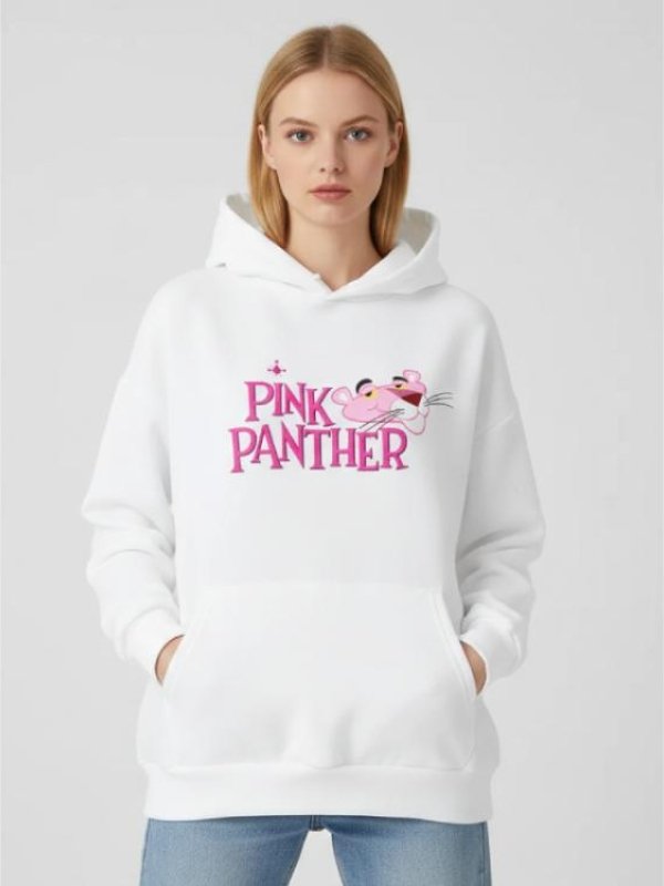 Pink Panther Printed Pullover White Hoodie